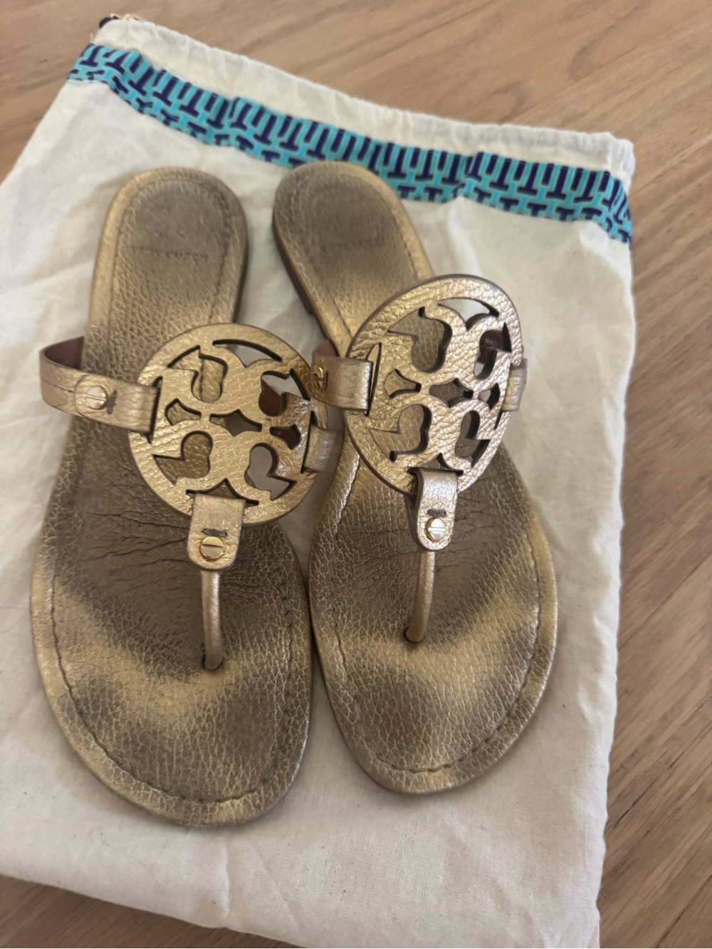 Tory Burch Gold Miller Logo Thong Sandals